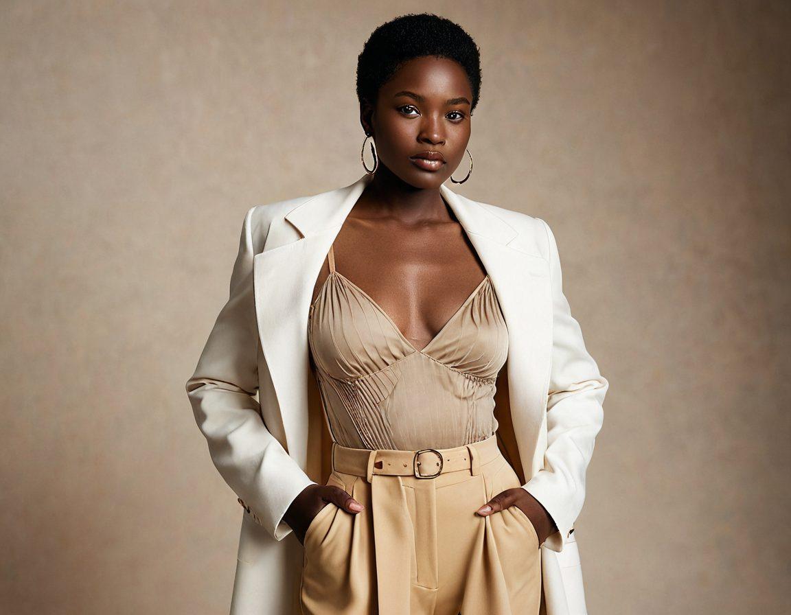 A striking fashion model embracing her natural beauty, confidently showcasing elegant attire that emphasizes body positivity. The scene should be set against a minimalist backdrop, highlighting the concept of 'naked elegance' with soft, warm lighting to evoke a sense of empowerment and grace. Include elements like delicate fabrics and tasteful accessories to enhance the fashion aspect. super-realistic. warm colors. minimalist background.