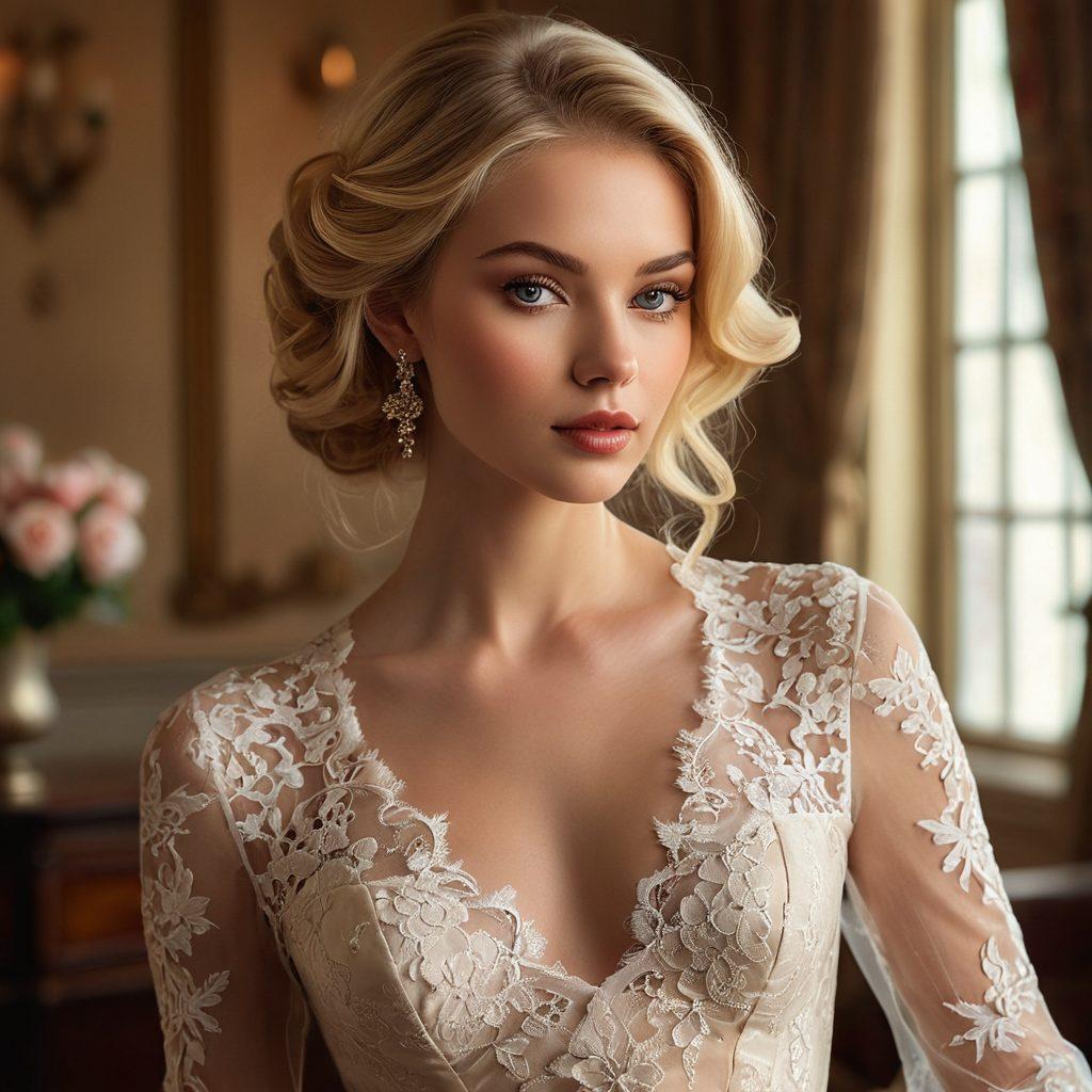 A glamorous blonde model poses elegantly in an opulent, softly-lit setting filled with luxurious fabrics and delicate lace. Highlight her graceful curves and captivating features, with soft focus creating an ethereal atmosphere. Incorporate delicate floral accents to symbolize beauty and femininity, while ensuring an intimate, seductive vibe. Capture the allure of adult glamour photography with a hint of vintage elegance. super-realistic. warm tones. soft background.