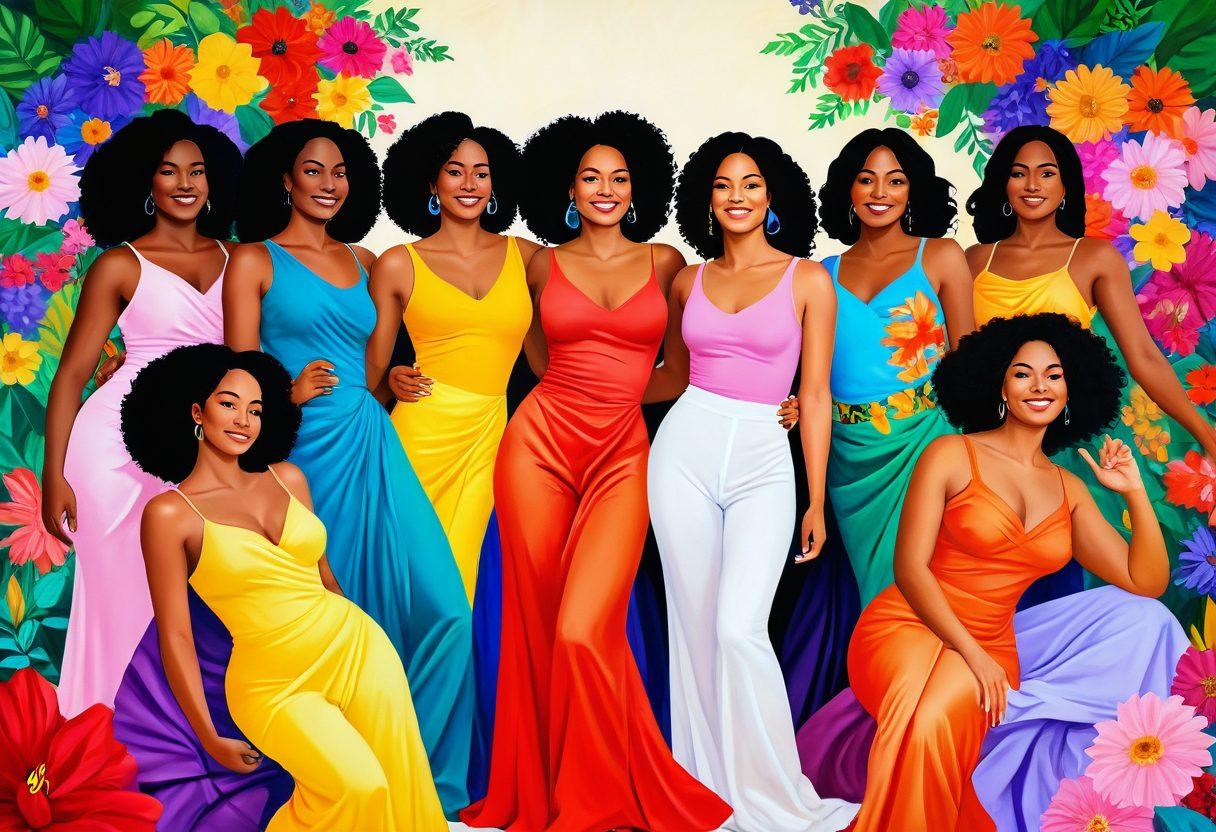 A diverse group of confident women of various body types joyfully expressing themselves in a vibrant, artistic setting, surrounded by flowers and colorful fabrics that celebrate femininity. The scene radiates positivity and empowerment, showcasing body positivity through playful poses and smiles. Soft lighting creates an inviting atmosphere, highlighting the beauty of individuality. Illustrate a balance between sensuality and self-love, reflecting the essence of erotic imagery in a tasteful manner. painting. vibrant colors. soft focus.